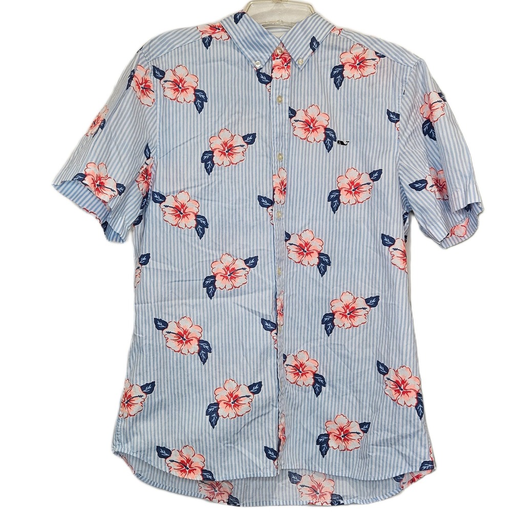 Vineyard Vines Men's M Striped Hibiscus Floral Print Whale Shirt Button‎ Down